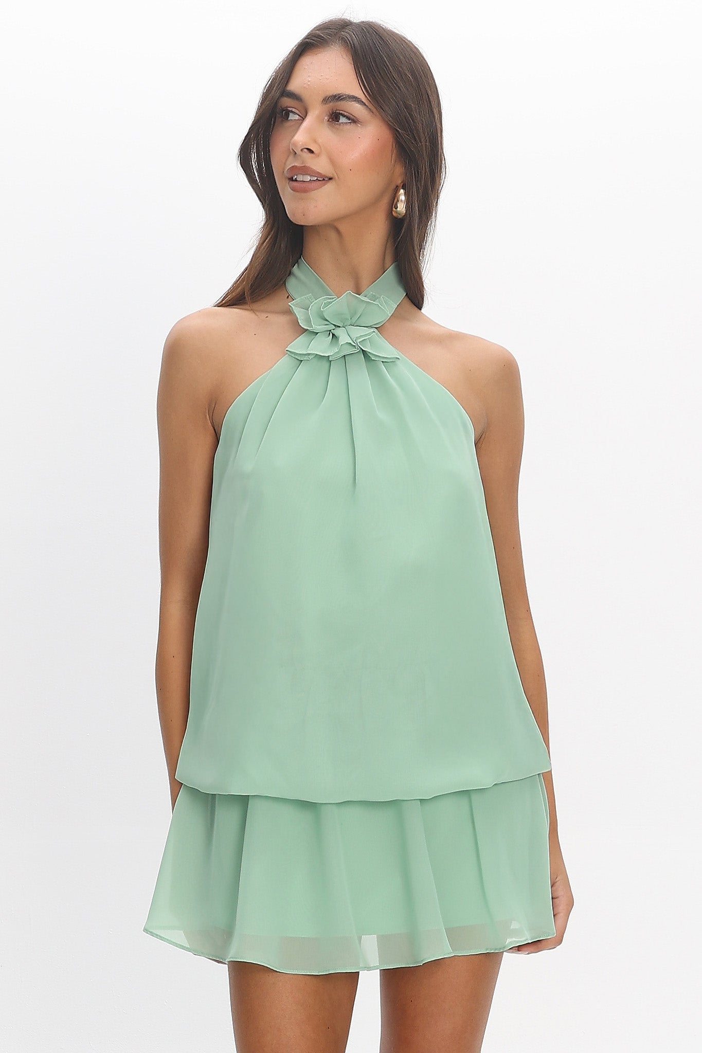Aniyah Layered Halter Mini Dress Mint