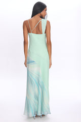 Astoria Asymmetric Cowl Neckline Maxi Dress Abstract Mint