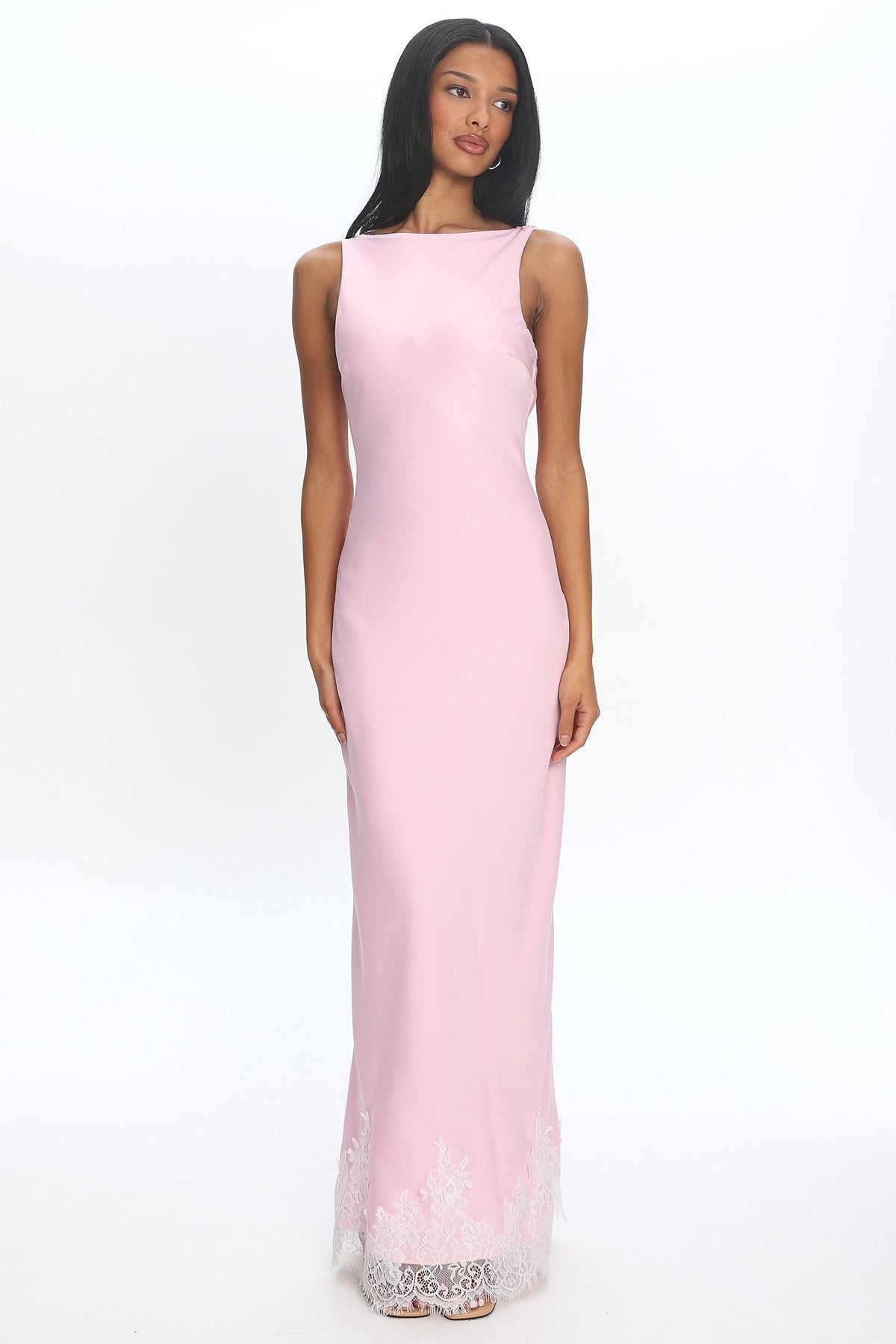 Bedouin Cowl-Back Lace-Hem Gown Light Pink