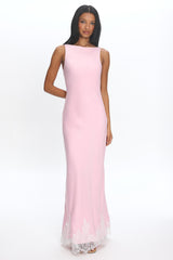 Bedouin Cowl-Back Lace-Hem Gown Light Pink