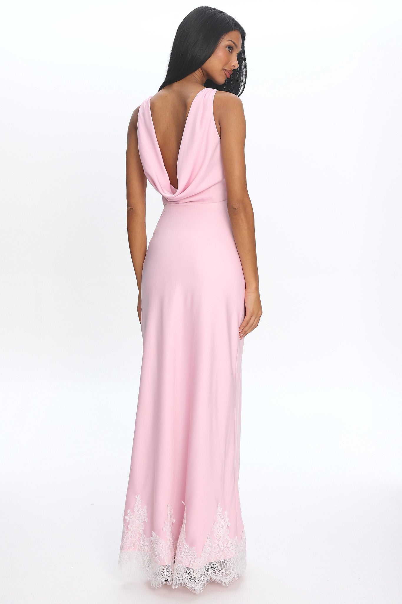 Bedouin Cowl-Back Lace-Hem Gown Light Pink