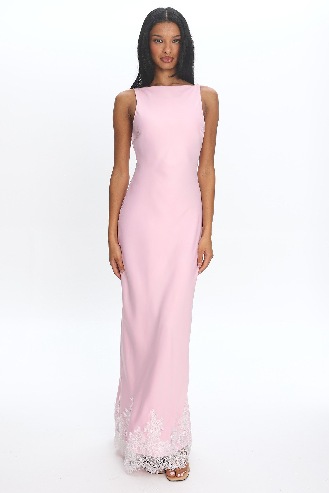 Bedouin Cowl-Back Lace-Hem Gown Light Pink
