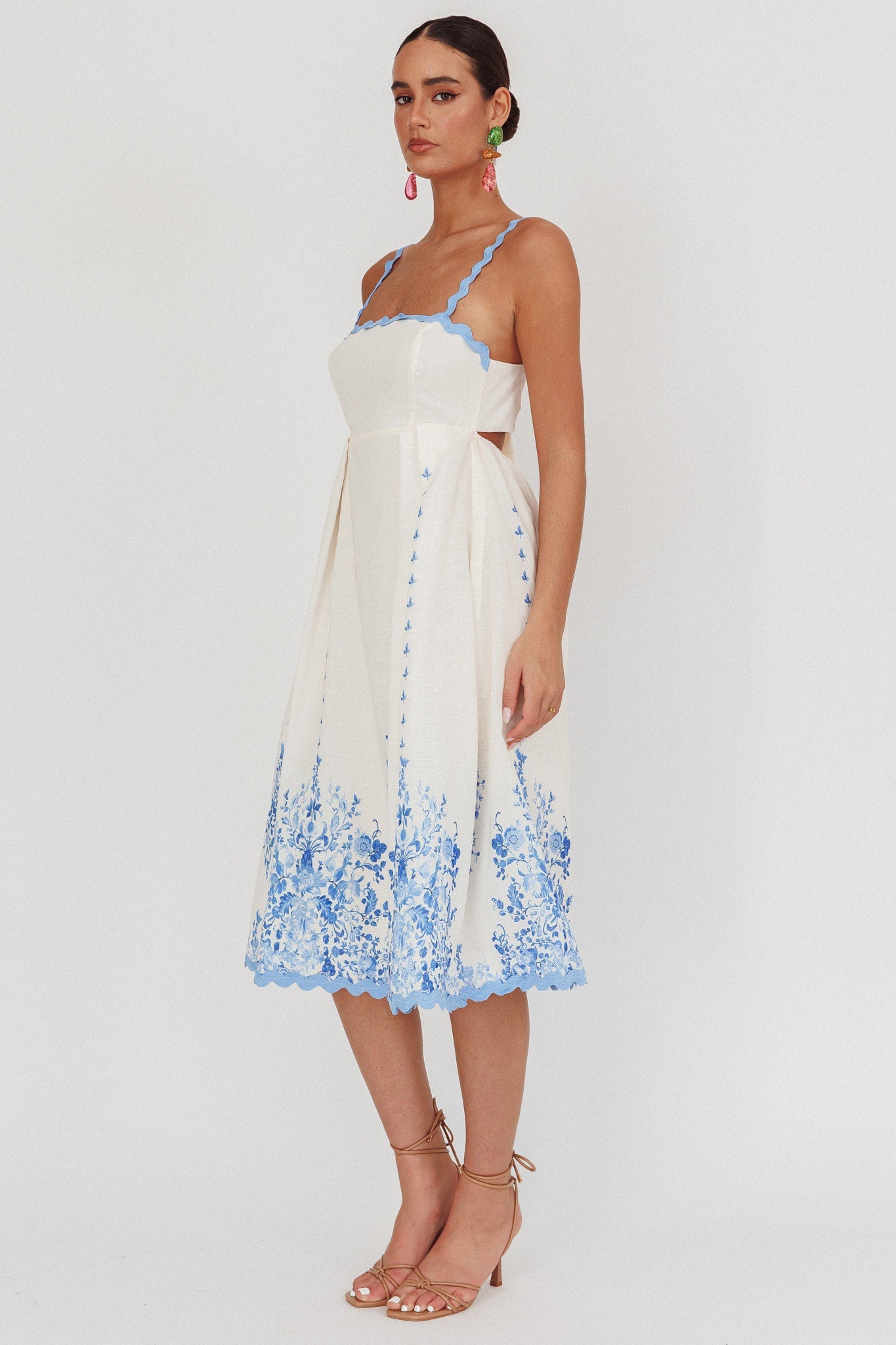 Asami Floral Print Ric Rac Trim Midi Dress Blue