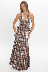 Admire Elasticated Maxi Skirt Plaid Chocolate