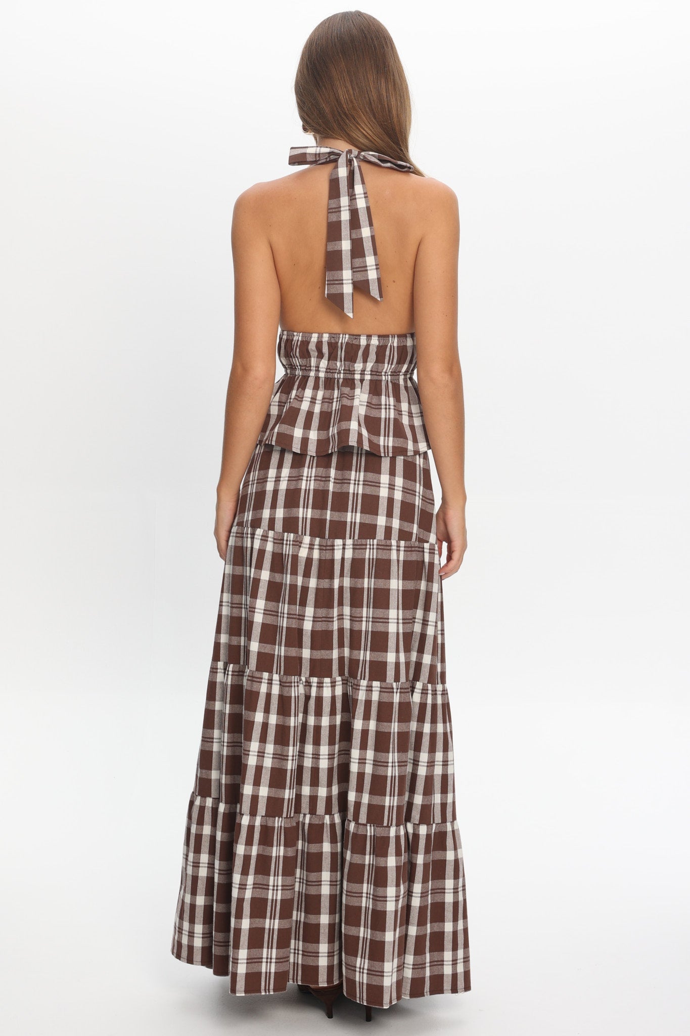 Admire Elasticated Maxi Skirt Plaid Chocolate